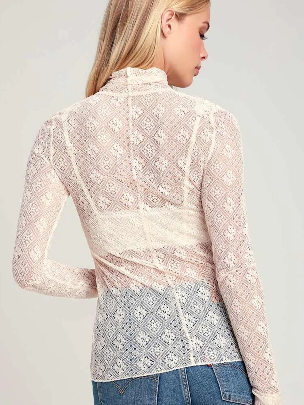 Intimately Free People Sweet Memories Ivory Sheer Lace Turtleneck Top XS Boho